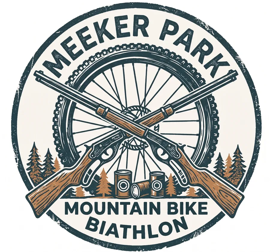 Meeker Park Mountain Bike Biathlon logo: crossed rifles over a mountain bike wheel, pines and tin cans